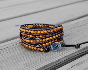 Leather Bracelet Tiger Eyes Beads Wrap Bracelet Tiger Eyes Bracelet Leather Wrap Bracelet 4mm Beaded Bracelet with Brown Leather Cord