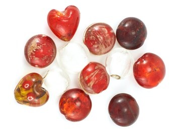 Mixed Red and White Venetian Style Glass Beads - 12 piece pack - Coins and Heart Shapes**CLEARANCE SALE**