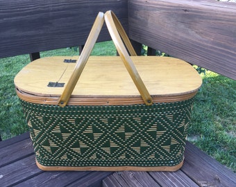 Vintage Burlington Hawkeye Picnic Basket with Original Dishware, 1970s