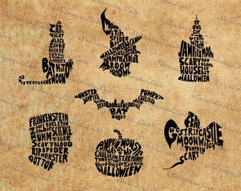 Digital SVG PNG halloween monster, witch, castle, cat, bat, frankestein, pumpkin, typhographic faces, silhouette, vector, clipart,download