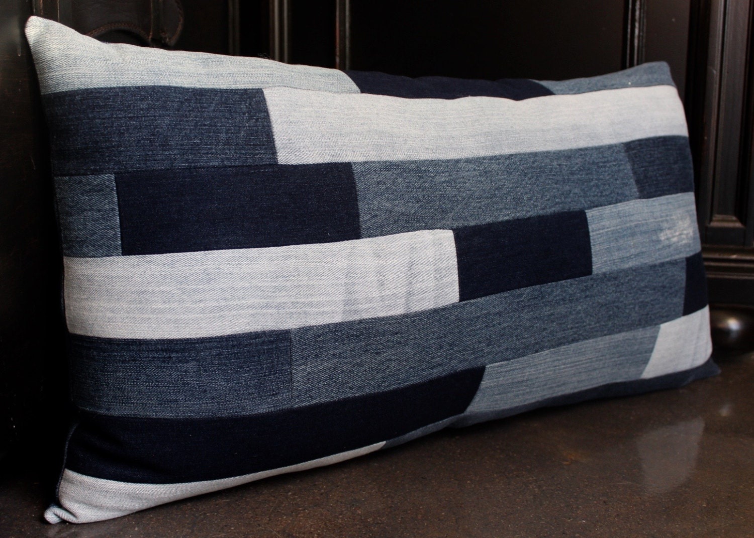 Large Denim Pillow with MultiDenim Patch Front by AllintheJeans