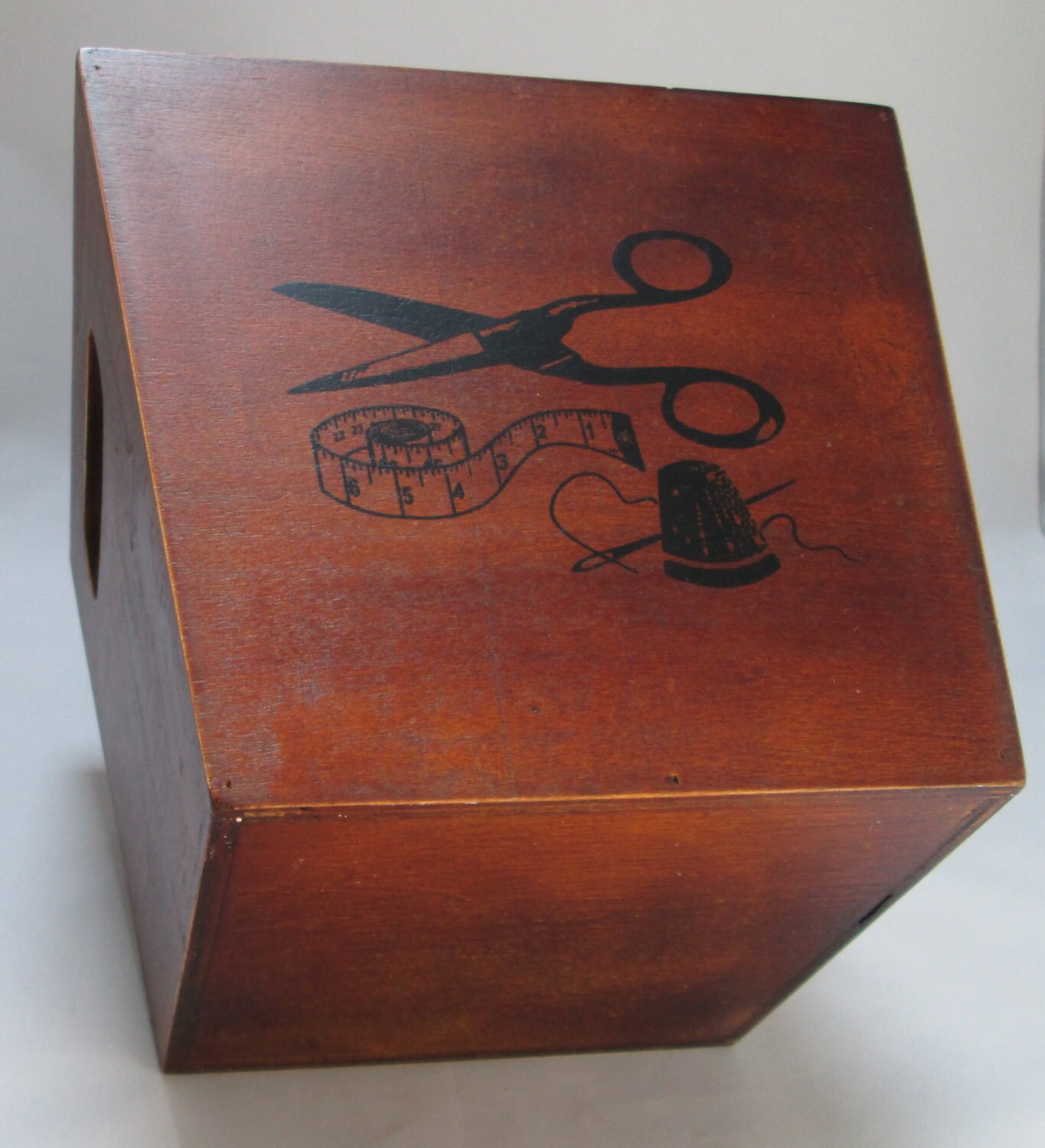 Wooden Sewing Storage Tote Box With Pictures of Sewing Notions