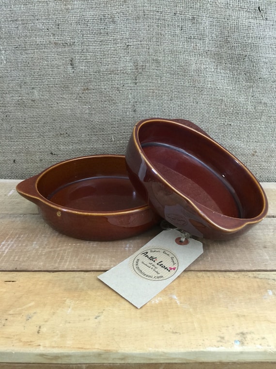 PAIR of TG GREEN Brown Vegetable Dishes / Set of 2 Brown Glazed Ceramic Open Shallow Dish With Handles / Vintage Bakeware Serving Oven Dish