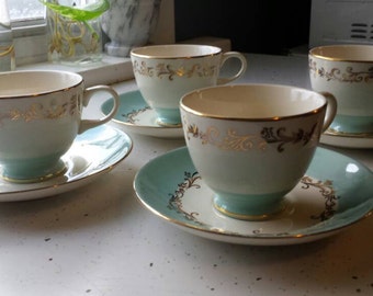 Teacups and Saucers-Teal, Gold, and White
