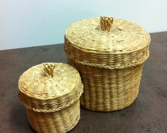 Vintage Sweet Grass Baskets - Stackable Basket - Hand Woven Baskets with Lids
