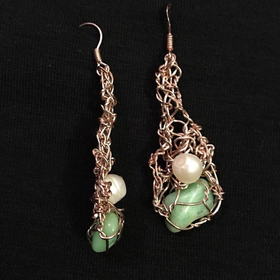 Chrysoprase and Freshwater Pearl Earrings Braided Rose Gold