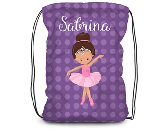 Personalized Ballet Drawstring Backpack - Ballerina Dance Bag, Purple Polka Dots, Ballet Backpack, You Pick Girl - Kids Personalized Gift