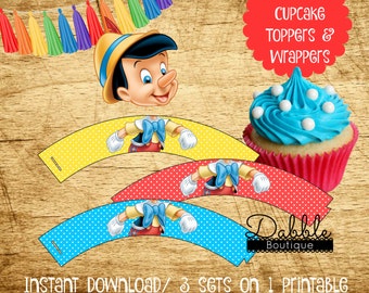 Pinocchio Cupcake Toppers & Wrappers / Pinocchio Birthday / Pinocchio Cupcake Topper / Pinocchio Cupcake Wrapper