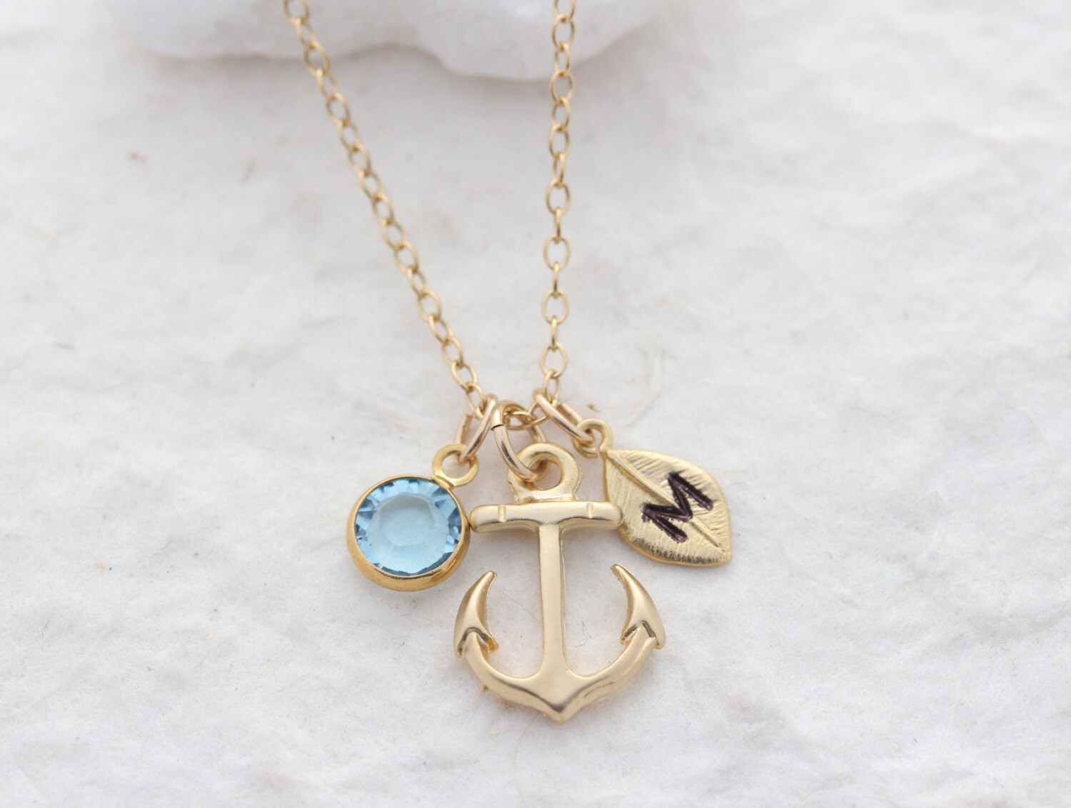Gold anchor necklace choose initial birthstone personalized