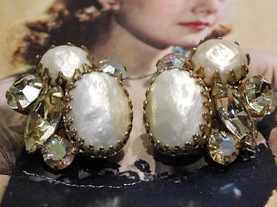 1960s Rhinestone Earrings Clip On Mid Century Vintage Aurora Borealis Faux Baroque Pearl Haskell Style Wedding Bride Bridal Fashion Jewelry