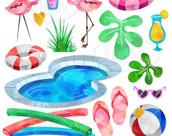 Pool Party Clipart - Watercolor Flamingo Download - Instant Download - Watercolor Pool Items - Beach Ball - Noodle - Cocktails