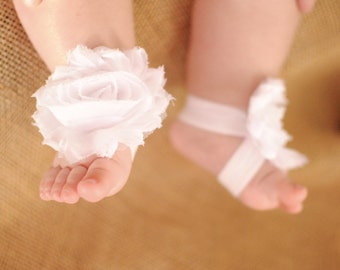 White Shabby Rose Barefoot Bootie- Baby shoes- Baby sandals- Barefoot Sandals- White baby sandals- Ribbon shoes- Photo prop-Baby accessories