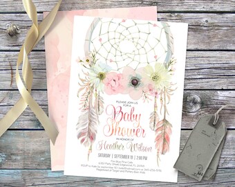 Dreamcatcher boho baby shower invitation. Digital printable files. Feathers, bohemian, dream catcher watercolor, baby girl. 002CMP