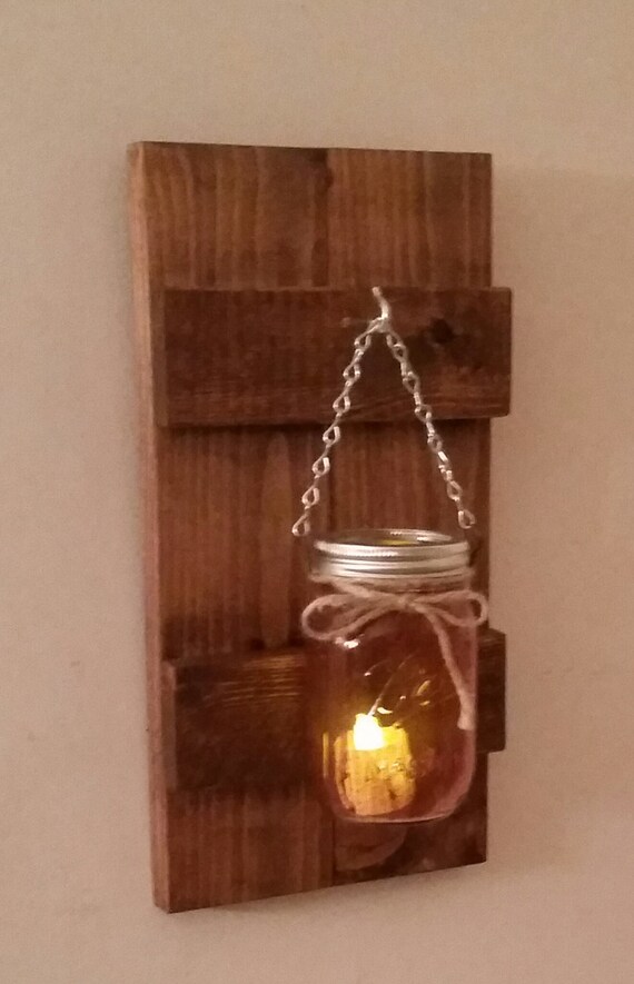 Rustic Wood Wall Sconce with Ball Mason Jar Battery Candle