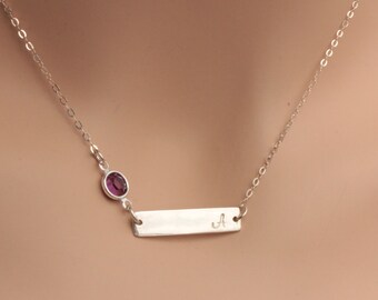 sterling silver bar initial necklace, silver bar birthstone necklace, initial birthstone necklace, bar necklace,sterling silver bar necklace