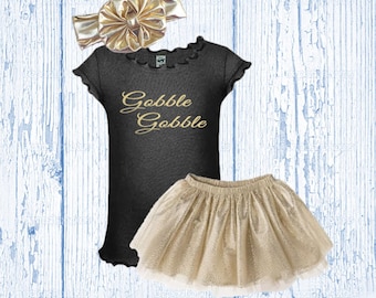 Girl's Thanksgiving Outfit Black and Gold - Girls Thanksgiving Outfit Glitter - Thanksgiving Tutu Outfit