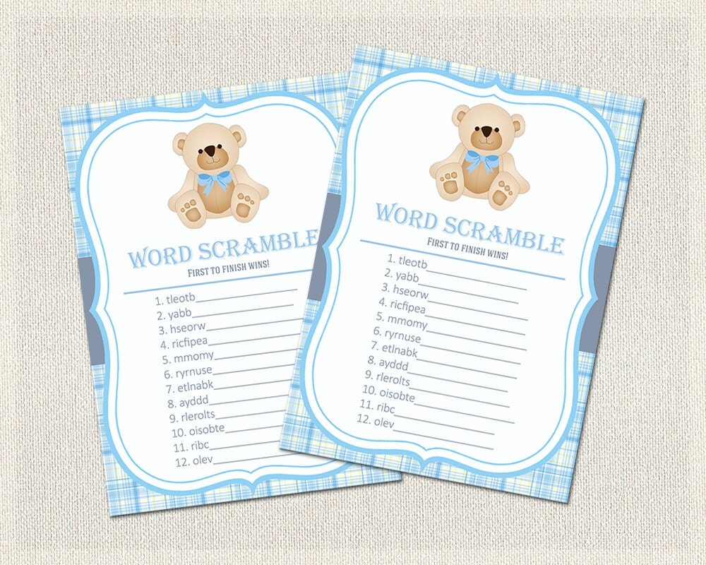 Word Scramble Teddy Bear Baby Shower Games Blue Tartan Word