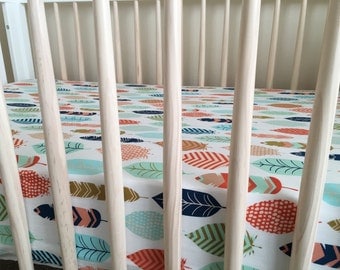 Feather Fitted Crib Sheet, Woodland nursery, Baby Bedding, Explorer Baby Crib Sheet Coral Mint Navy Modern Crib Sheet, unisex, woodland baby