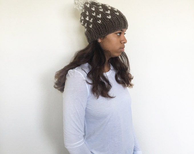 Knit Slouchy Beanie Hat with Pom Pom//THE TUMBLEWEED//Taupe and wheat