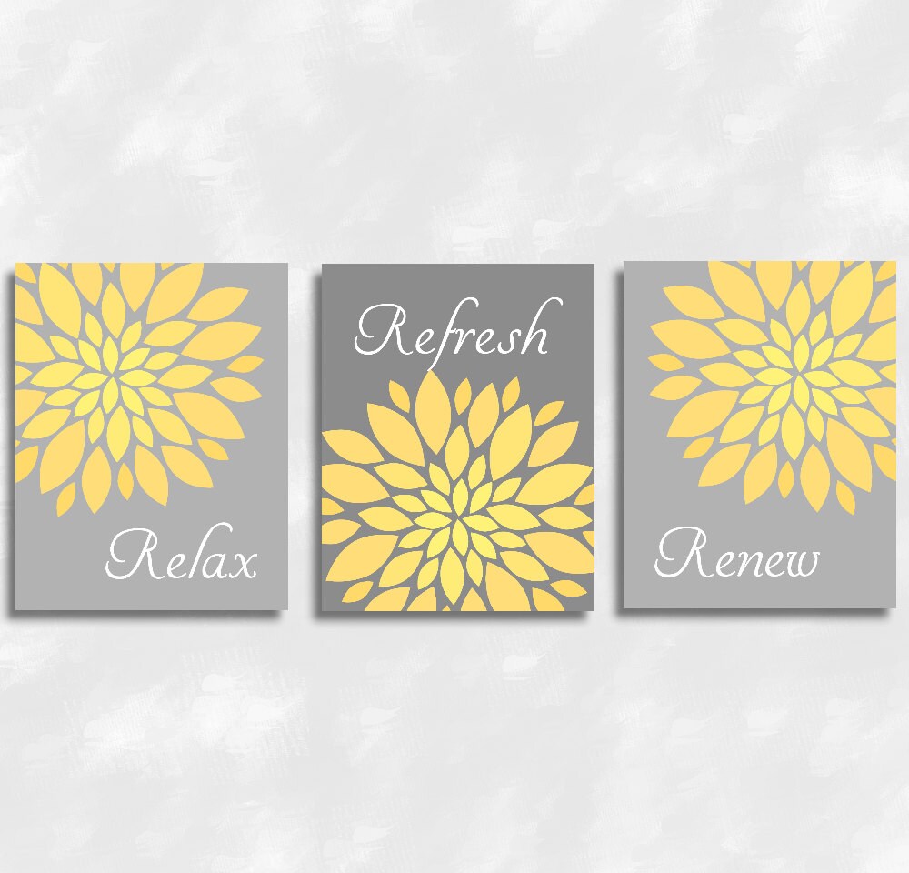 Bathroom Wall Art Canvas Prints Yellow Gray Flowers Dahlia