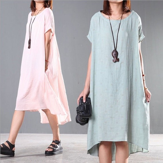 3 Color Loose Fitting Gown Summer cotton Dress Short by Aliceswool