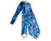 Vintage 40s Tie - 40s Necktie - 40s Cravat - Wide Satin Tie - Swing Tie - Novelty Print - Asian Tie - Bamboo - Red White Blue - Van Heusen