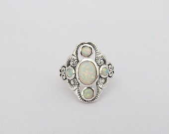 Vintage Sterling Silver White Opal Cluster Ring Size 6.75