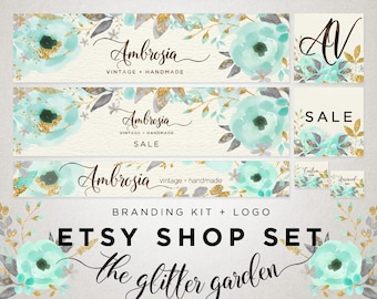 Premade Shop Banner Set - Modern Calligraphy Logo - Cover Image Shop Icon Store Graphics - Mint Aqua Blue Watercolor Gold Glitter Flowers 10