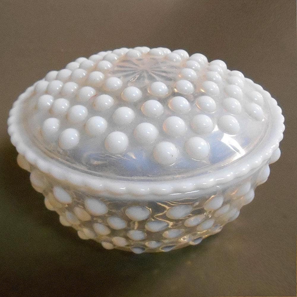 Vintage Hobnail clear & milk GLASS vanity jar and LID