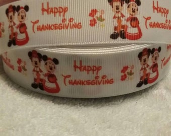 3 yards, 7/8" happy Thanksgiving mickey and Minnie design grosgrain ribbon