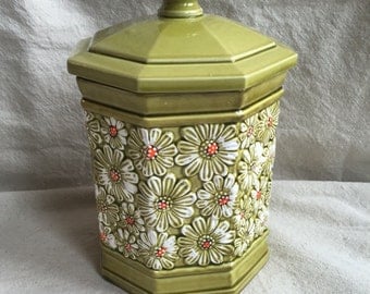 Green Daisy Ceramic Cookie Jar Canister Retro Vintage Mid Century