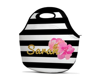 Personalized Lunch Bag - Monogram Lunch Bag - Gold Lunch Bag - Name Lunch Bag - Insulated Lunch Bag - Neoprene Lunch Bag - Striped Lunch Bag