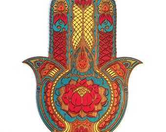 Large Lotus Flower Hamsa Wall Art, Hand Painted Sacred Protection Symbol Decor