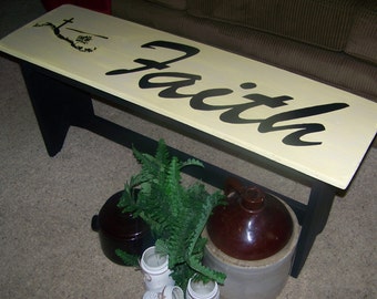 Religous Wood Bench, Faith, Bench Decor, Coffee table, Vintage looking bench