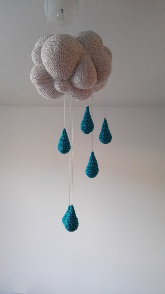 Amigurumi Cotton Hand Crochet Cloud with Raindrops.