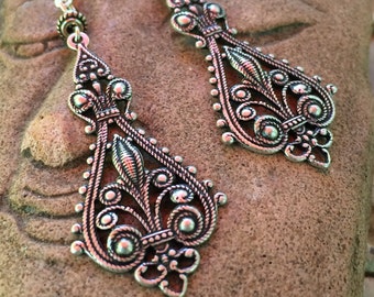 Victorian filigree chandelier earrings, silver oxidized dangling earrings, large filigree earrings, lightweight, ornate