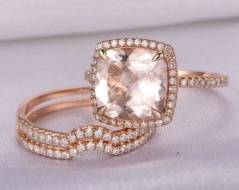 morganite wedding ring set 14k rose gold morganite engagement ring 9x9mm cushion cut pink stone curved - Morganite Wedding Ring morganite wedding ring set 14k rose gold morganite engagement ring 9x9mm cushion cut pink stone curved - Morganite Wedding Ring