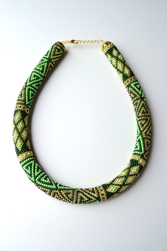 Chunky green gold beaded crochet rope chocker necklace jewelry