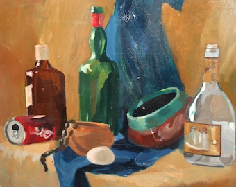 Vintage oil painting still life with bottles