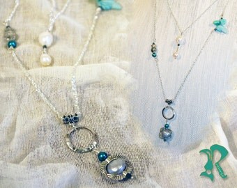 Layered Wings and Fish Necklace with Fresh Water Pearls and Amazonite