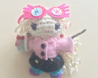 Luna Lovegood Inspired Amigurumi / Crochet Doll with Spectrespecs, Radish Earrings, and Quibbler
