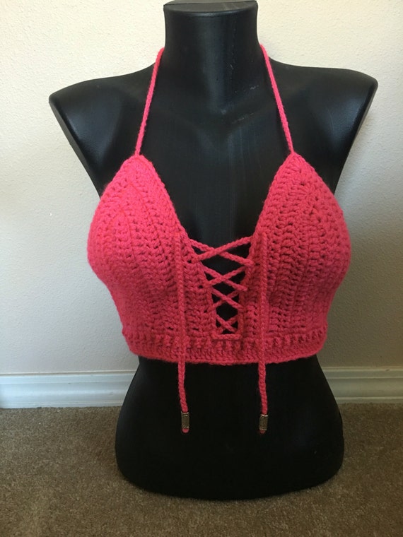 Hot pink crocheted halter top with adjustable strings