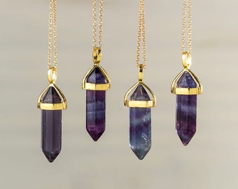 Fluorite Crystal Point Necklace Dark Fluorite Necklace Purple Pendant Crystal Layering Healing Crystal Yoga Pendant Double Point Necklace