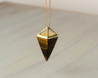 Tiger Eye Point Necklace Gold Brown Triangle Necklace Pyramid Pendant Quartz Crystal Layering Healing Crystal Yoga Pendant