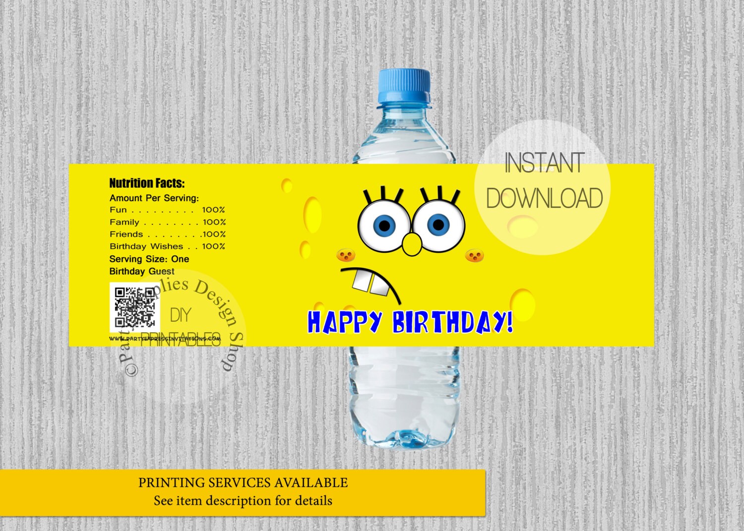Spongebob Birthday Water Bottle Labels INSTANT DOWNLOAD