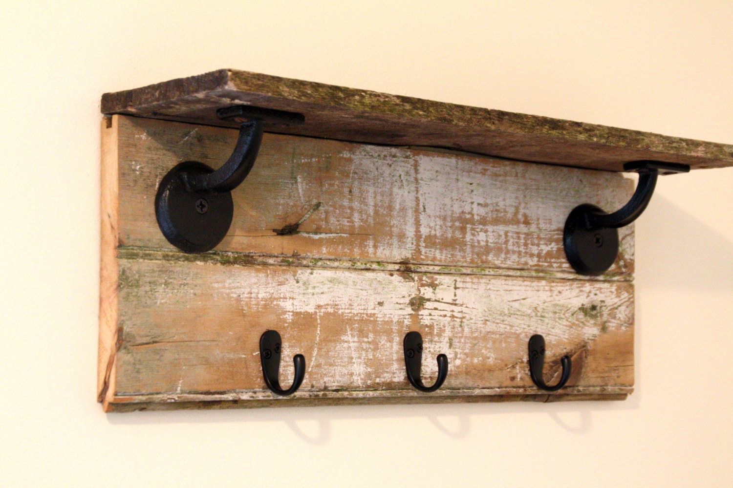 Reclaimed Barn Wood Shelf W/ Hooks Coat Hanger Key