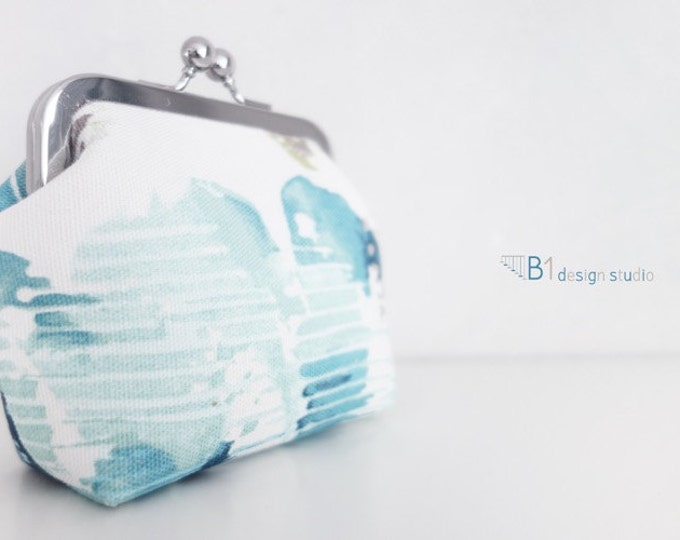 Coin Purse, Colorful Coin Purse, Bridesmaid Gift, Canvas Clasp Bag, Blue and Cyan, Frame Purse, Flower Coin Pouch, Clasp Wallet, Summer