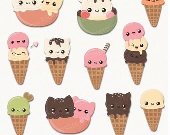 Kawaii Ice cream Clipart, ice cream clip art, kawaii clip art, cute ice cream digital art, kawaii commercial use with Instant Download