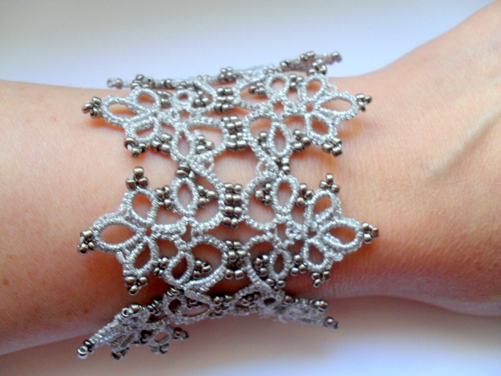 Silver lace bracelet Fiber tatted cuff bracelet Tatting lace