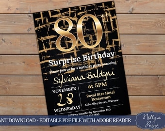 80th Surprise Birthday Invitation, Surprise 80th Birthday Invitation, Adult Birthday Invitation, Self Editable PDF, Instant Download, Women